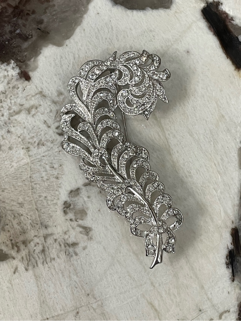 KJL Peacock Plume/Feather Brooch Clear Crystals & Silver-tone - Vintage